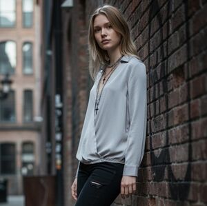 NWT Faux Wrap Blouse Plunge V-Neck Medium Light Gray Career Night Out